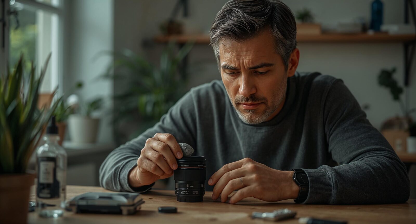 Man maakt geconcentreerd de contactpunten van een lens schoon aan een werktafel bij daglicht
