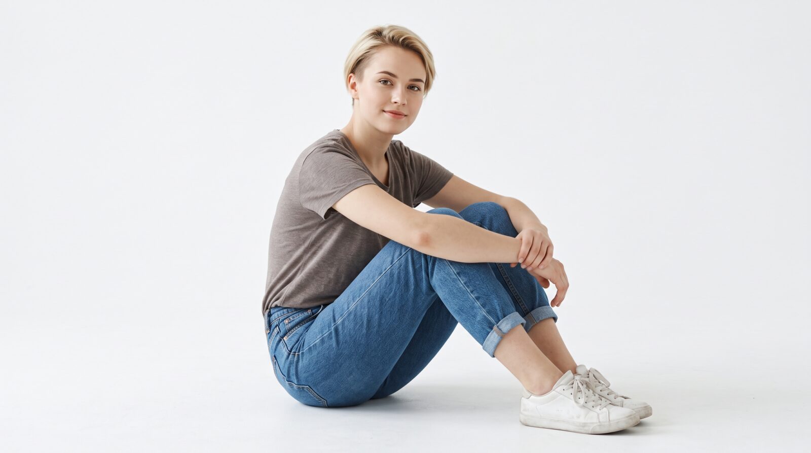 fotomodel zit op grond tegen witte achtergrond