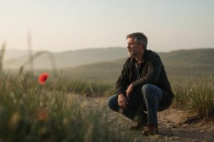 Fotograaf zakt door zijn knieën in de duinen en kijkt geconcentreerd naar het landschap tijdens gouden uur